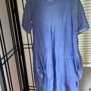 Light blue linen Freeform midi dress full polyester lining.  Size M Jade & Cloud